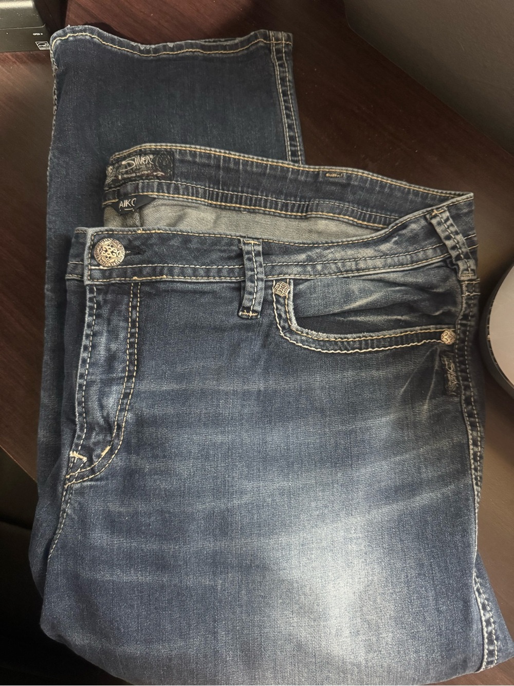 Silver Jeans dark blue denim with white contrast stitching